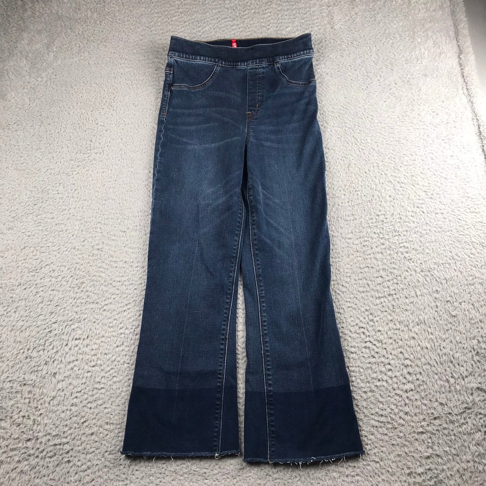 Spanx Jeans Women S (27x25) Blue Two Tone Cropped Flare Pull On Raw Hem Denim